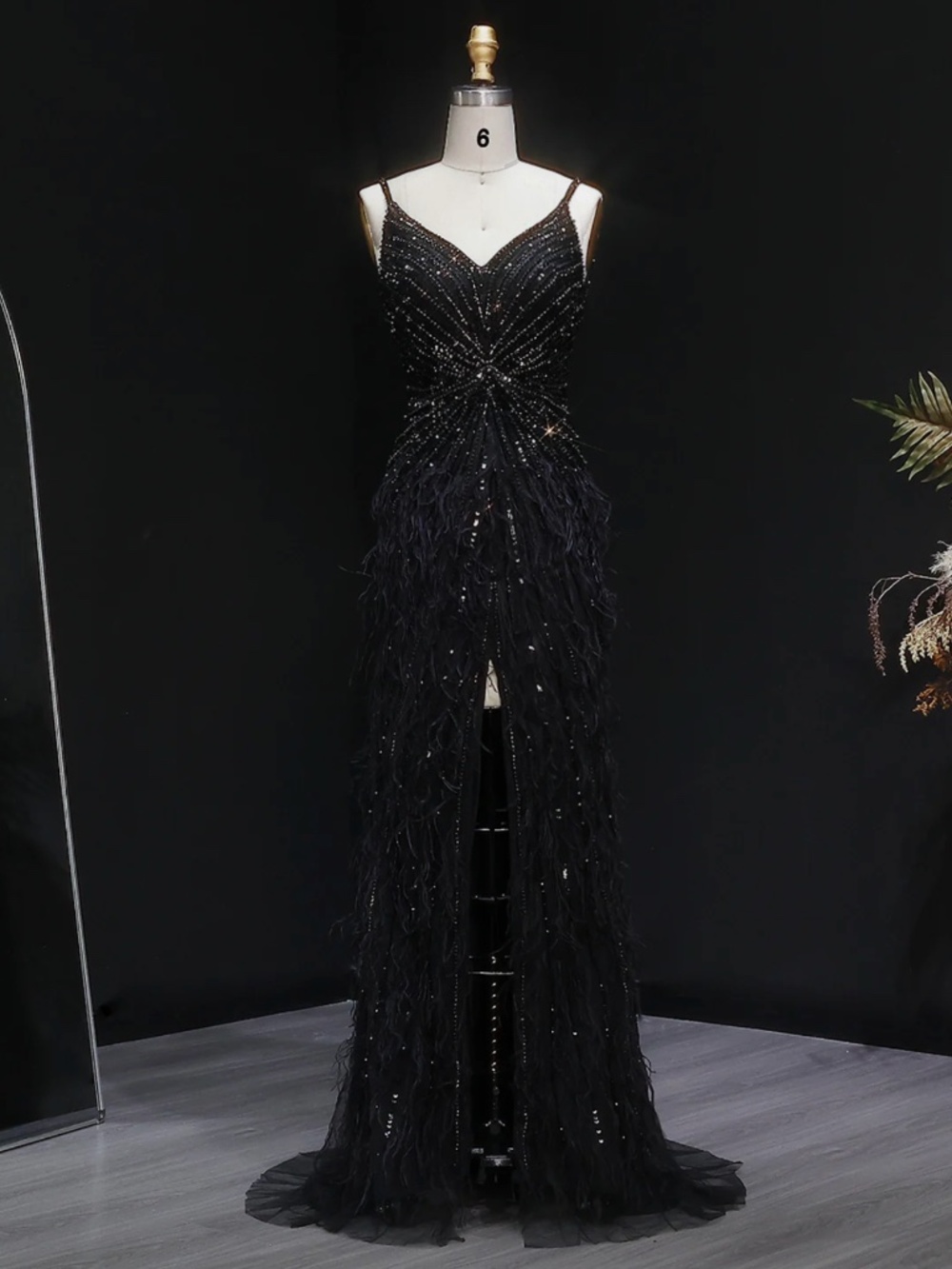 Luxury Beaded Blue Feather Gown Sexy Backless Design Ships in 24 Hours